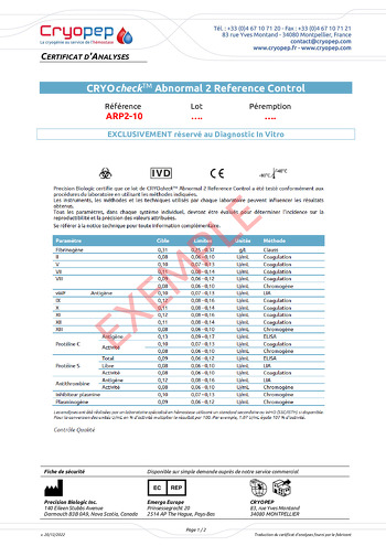 CRYOcheck™ Abnormal 2 Reference Control Certificate of analysis